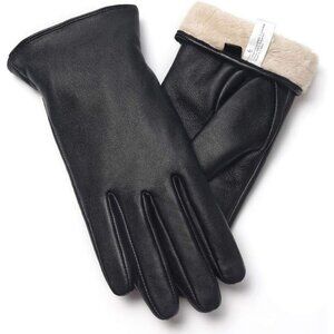 Women's Black Touch Screen Warm Winter Driving Hull-Hand Leather Gloves